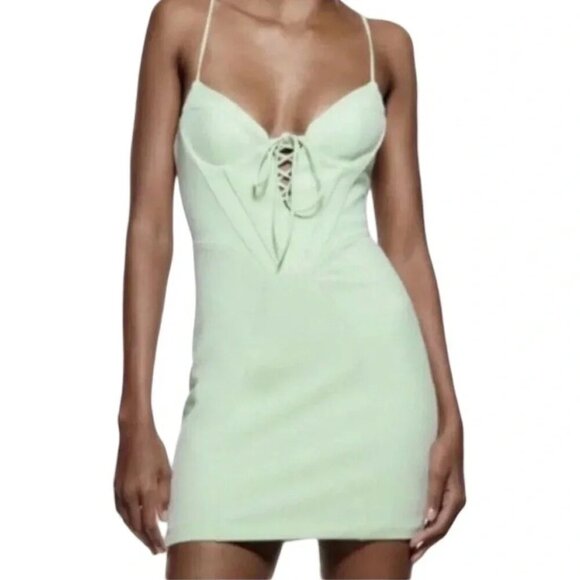 NWT Zara Mint Green Bodycon Corset Dress with tie Bust and Corset boning Small - Picture 1 of 11
